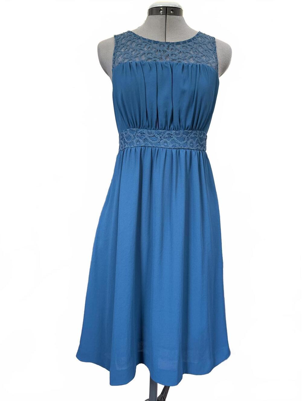 Vintage Anthropologie Blue Sleeveless Midi Dress with Lace Detail